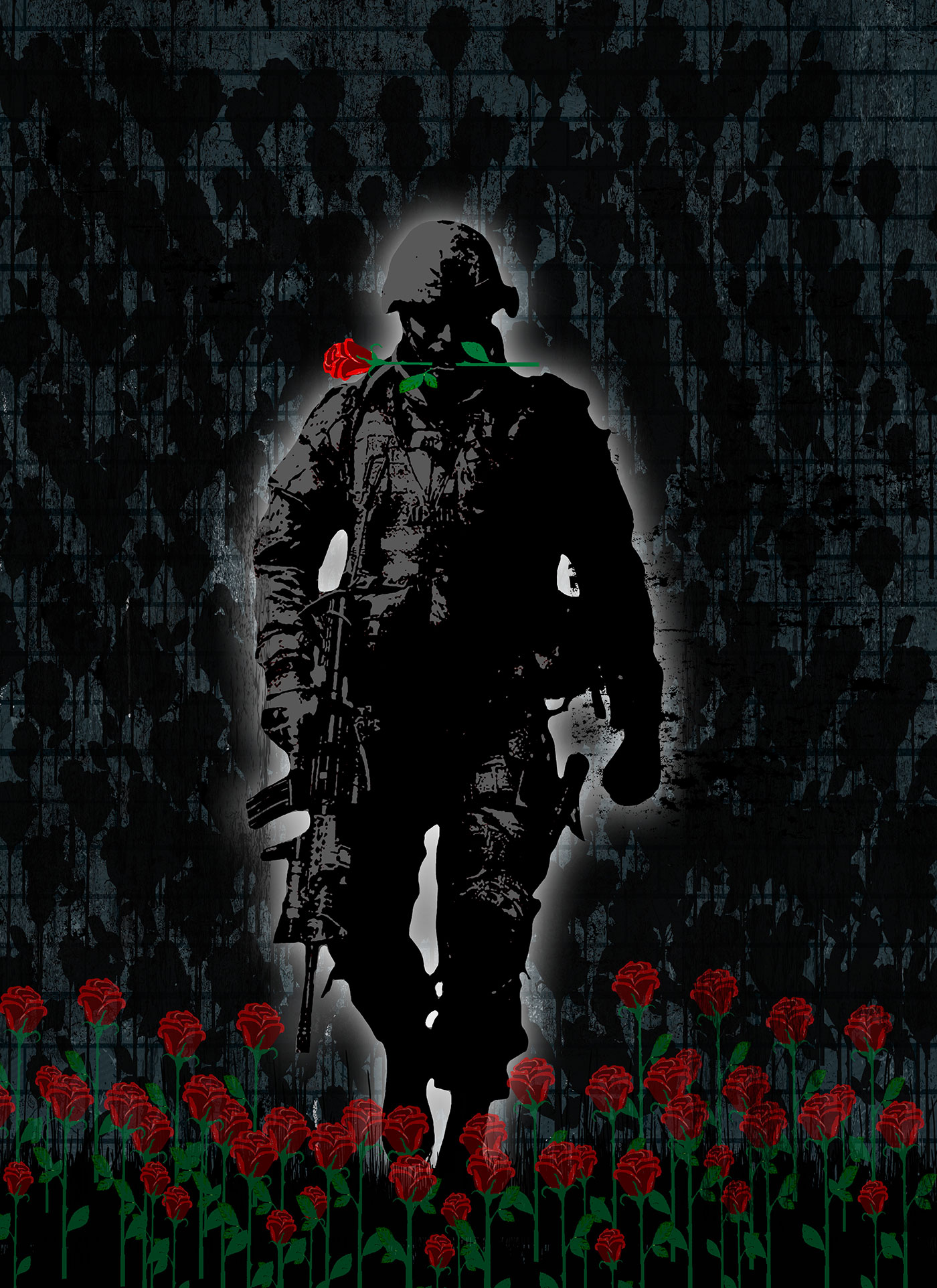 Ein Soldat läuft in einem Rosenfeld und trägt eine rote Rose zwischen seinen Lippen.